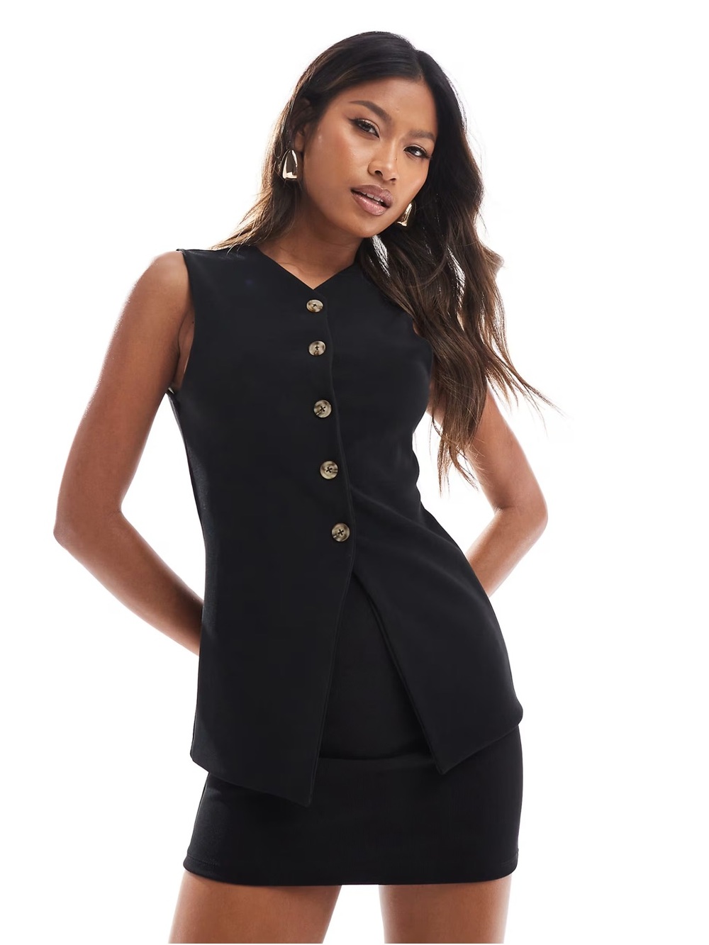 ASOS DESIGN Ribbed Longline Button Up V-Neck Vest Top in Black